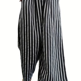 Resim Kadınlar için Rahat Çizgili Geniş Paça Pantolonlar Elastik Bel Bantlı - Yüksek Bel, Esnek Polyester Pantolonlar, Makinede Yıkanabilir, İlkbahar/Yaz/Sonbahar için Mükemmel 