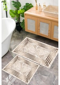 Resim Dijital Baskı Mermer Desen Kaymaz Taban 2li Set Banyo Paspası Klozet Takımı 50x60cm-60x100cm Kahverengi 