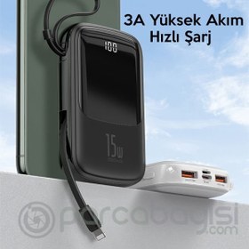 Resim Baseus Q Pow 10.000 mAh LCD Display 3A. 2xUSB Lightning Kablolu PD Power Bank Beyaz 