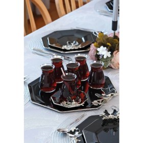 Resim Glore Dolmabahçe Sekizgen Siyah Platin Yaldızlı Cam Tepsi 