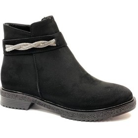 Resim Mehtap Taş Dekolteli Düz Kaymaz Taban Kadın Bot Siyah-Süet 