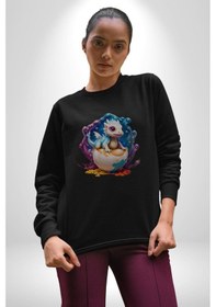 Resim Sevimli Bebek Ejderha Elmas Yumurta Unisex Siyah Baskılı Sweatshirt Siyah 