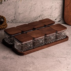 Resim Snippy Milla Kare 10 Parça Tepsili Ahşap Vakumlu Kapaklı Cam Kahvaltılık Çok Amaçlı Cam Çerezlik 230ML 