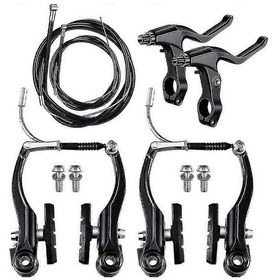 Resim Tam Mtb/hibrit Bisiklet Fren Seti - Siyah Ön Ve Arka Frenler, Kablolar Ve Kollar. 