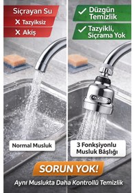 Resim 360 Döner Krom 3 Fonksiyonlu Musluk Başlığı Sıçramasız, Basınçlı Ve Su Tasarruflu Çok Renkli 