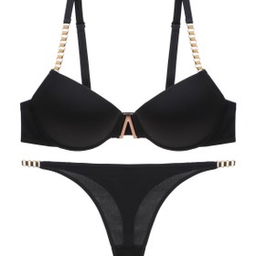 Resim Colorblock Zincir Bağlantılı Sütyen & Tanga, Push Up Sütyen & Külotlu Çorap İç Giyim Seti, Kadın İç Giyim & İç Çamaşırı 
