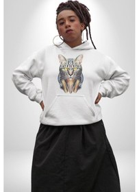 Resim Kulaklık Kedi Kadın Erkek Beyaz Kapüşonlu Sweatshirt Hoodie Beyaz 