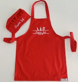 Resim Mutfak Temalı Çocuk Mutfak Ve Etkinlik Ana Okulu Önlüğü İsme Özel Nakış Desenli 0- 14 Yaş Kırmızı 