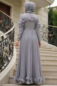Resim N.S NEVA STYLE Fırfır Detaylı Gri Tesettür Abiye Elbise 55691GR 