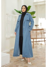 Resim Neways 6458-Battal Allerli Denim Trençkot Mavi Mavi 