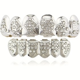 Resim 1 Adet veya 2 Parça Erkek Hip-Hop Poker Diş Grillz - Kalp & Aksan Detaylı Sağlam Dental Griil (Şeffaf Veya Süslü Tasarım) – Kaplama/Protez ile Uyumlu, Parti Kıyıfeti İçin Laksiz Beyazlatma Takısı, Çekici Metalik Desenli, 5 Yıl Garantili 