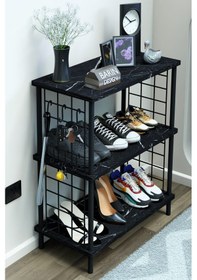 Resim 3 Raflı Metal Telli Çok Amaçlı Ayakkabılık Ve Organizer Raf Kolay Kurulumlu, Çevir-tak Sistem Raf Siyah Mermer 