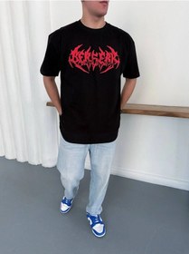 Resim Erkek Kısa Kol Yazlık Tişört Bisiklet Yaka Baskılı Oversize T-shirt - Siyah Çok Renkli 