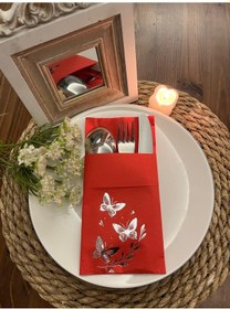 Resim Gümüş Yaldızlı Kırmızı Kelebek Yaprak Detaylı Cepli Kanguru Peçete 12 Adet 