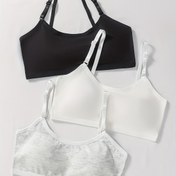 Resim 12-14 yaş arası kızlar için 3 adet spor sütyen - Şok geçirmez ve anti-bulge tasarım, orta esneklik, ayarlanabilir askılar, hafif astarlı, düz renk (Siyah/Beyaz/Gri) - Ortaokul ve lise öğrencileri için ideal, spor sütyen, okul kıyafeti aksesuarı, şık spor tasarımı, rahat uyumu, gençler için 
