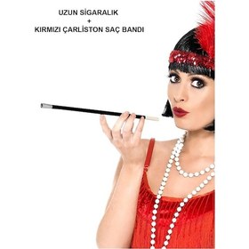 Resim 1920&amp 39 Ler 1990&amp 39 Lar Gatsby Kadın Aksesuar Seti Kırmızı Charleston Saç Bandı Csmtex - 3 Ve Sigar 