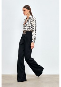 Resim Sateen Bel Aksesuarlı Bol Paça Pantolon - Siyah 