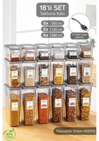 Resim 18'li Sızdırmaz Kapak Kaşıklı Saklama Kabı Seti - Etiketli Baharatlık - 6x 580 Ml, 1100 Ml, 1580 Ml 