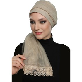 Resim Elysianfidan Incili Tüllü Bağlamalı Tül Kaplamalı Dantelli Inci Işlemeli Bej Hazır Dış Bone Tesettür Abiye Bej 
