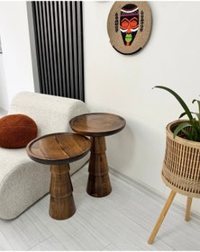 Resim ASELYA HOME Ahşap 2’li Set Mantar Yan Sehpa Modern Ceviz Renk Fiskos Zigon Çiçeklik 