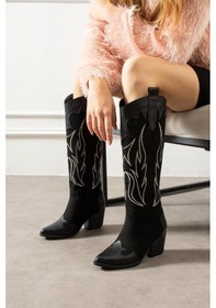 Resim Shoetek Alvest Kadın Kovboy Çizme Dikiş Desenli Siyah Süet/siyah Deri Siyah 