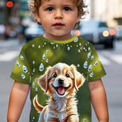 Resim Canlı ve sevimli köpek baskılı yeşil erkek çocuk tişörtü, su damlası desen süslemeli karikatür tarzında eğlenceli bir tasarım 