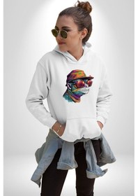 Resim Gözlük Şapka Mukalemun Kadın Erkek Beyaz Kapüşonlu Sweatshirt Hoodie Beyaz 