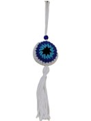 Resim Nazar Boncuğu Desenli Püsküllü Beyaz Araba Süsü 