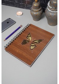 Resim Kelebek Desenli Ahşap Defter - Ajanda - Günlük - Çizgisiz Defter Ahşap Rengi Ceviz 