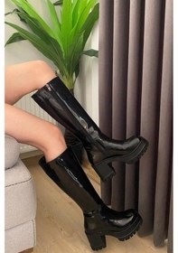 Resim Kadın Fenni Siyah Rugan 8 Cm Topuklu Yandan Fermuarlı Çizme Siyah Rugan Siyah 