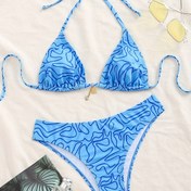 Resim Kadınların Seksi Metal Detaylı Mavi Bikini Seti - Halter Boyun, Esnek Polyester ve Spandex, Rastgele Baskı Tasarımı, Askısız Mayo Detaylı, Plaj ve Havuz için İdeal, Plaj Mayo|Oyunca Baskılı Bikini|Esnek Kumaş 