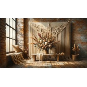 Resim Venspor Bohem Tarzı Makrome ve Rustik Çiçek Aranjmanı Arkaplan 200 x 150 cm Fon Duvar Örtüsü 