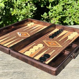 Resim Lüks Büyük Boy Deri Kaplama Tavla Seti, Tavla Seti Deri Kaplı, Hediyelik Tavla Ölçü: 49x24x6 cm 