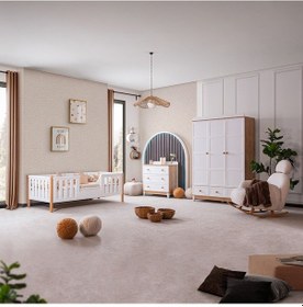 Resim Berlin Meşe Çocuk Odası, Ceviz Berlin 3 Kapaklı Dolap Şifonyer Berlin Karyola Çok Renkli 