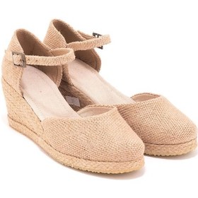 Resim Star Tombis Gerçek Elişi Topuğu Kapalı Bilekten Bantlı Keten Espadril Dolgu Topuk Handmade Hasır 