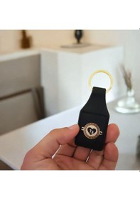 Resim Aşk Temalı 14 Ayar Altın Plakalı Siyah Derili Yuvarlak Motifli Hediyelik Anahtarlık-485sembol Altın 