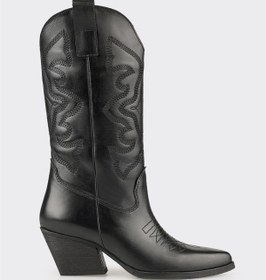 Resim Elle Siyah Deri Kadın Western Çizme 