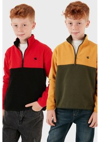 Resim Lela Yumuşak Dokulu Yarım Fermuarlı Renk Bloklu Dik Yaka 2'Li Paket Çocuk Polar 5905004S2 Hardal Haki-Kırmızı Siyah 