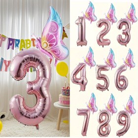 Resim 2 adet Gül Altın Kelebek Numara Balonlar 0.0-22.86 - 81.28 cm Metalik Folyo Numara + Kelebek Folyo Balonlar, Doğum Günü ve Yıldönümü Kutlama Partisi Süslemeleri için Uygun 