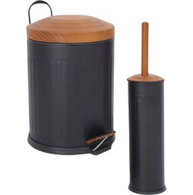 Resim Eforeca Ahşap Vintage 2 Li Çöp Kovası Banyo Seti Çizgili Siyah 