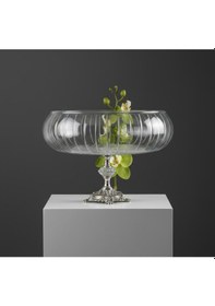 Resim Elta Collection Lotus Kristal 24 Cm Kesme Dekor Metal Ayaklı Salata Kasesi Cam Sunumluk- Servis Tabağı gümüş 