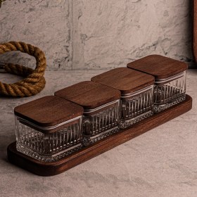 Resim Snippy Bella Kare - 5 Parça Tepsili Ahşap Vakumlu Kapaklı Cam Kahvaltılık Çok Amaçlı Cam Çerezlik 230 ml 