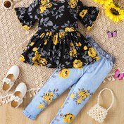 Resim 2 adet Kız Sarı Çiçek Desenli Volan Kollu Peplum Üst + Çiçek Desenli Tayt Takımı Tatil Günlük Şirin & Moda Yaz Dış Mekan Kıyafeti 