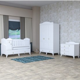 Resim Sude Membran Beyaz Asansörlü Bebek Odası Takımı Beyaz 