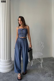 Resim TENCEL CROP ASKILI BLUZ ŞALVAR PANTOLON TK İndigo 