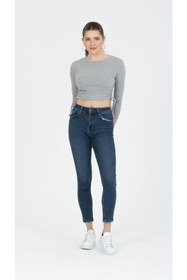 Resim Kallisto Gri Melanj Yandan Büzgülü Bağlamalı Örme Crop Bluz ( Dar Kalıp ) 