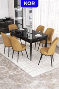 Resim Canisa Kor Serisi 70x114 Açılabilir Mutfak Masası Takımı Siyah Mermer Desen Masa 6 Cappucino Sandalye 