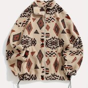Resim Erkek Aztek Baskılı Teddy Ceketi - Polyester Örgü, Zip Kapatma, Dik Yaka, Geniş Uygun, Slight Esnek, Kabile Deseni, Kış/Bahar için Casual Stil 