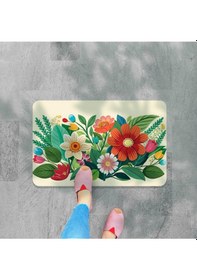 Resim Dijital Baskılı Çiçek Desenli Dekoratif Dış Kapı Önü Ve Iç Mekan Paspası Yıkanabilir Kaymaz Taban Bej 