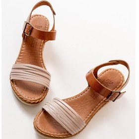 Resim Bej Ortopedik Hakiki Deri Dolgu Kadın Sandalet Çok Renkli 